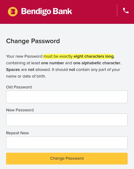 Bendigo Bank bad password rule screenshot