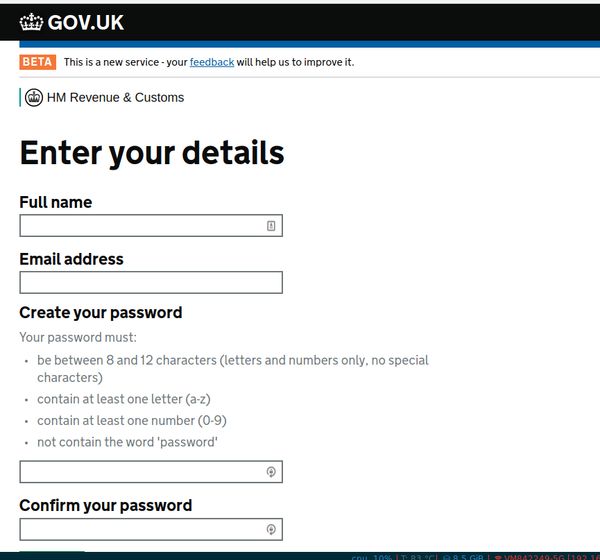 HM Revenue & Customs (UK Tax) bad password rule screenshot