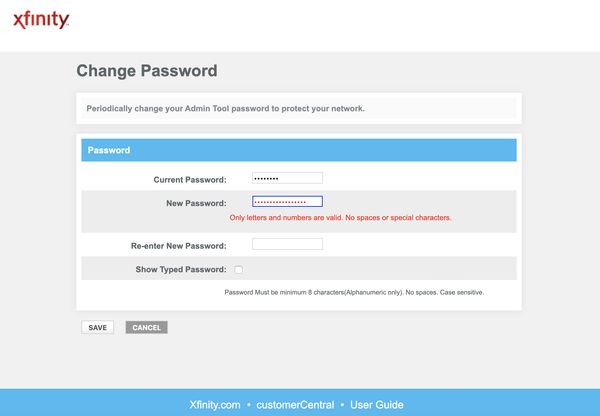 Xfinity Modem bad password rule screenshot