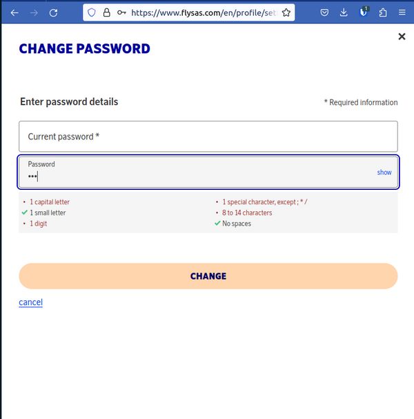 SAS Eurobonus bad password rule screenshot