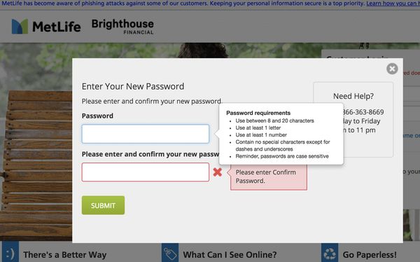 MetLife bad password rule screenshot