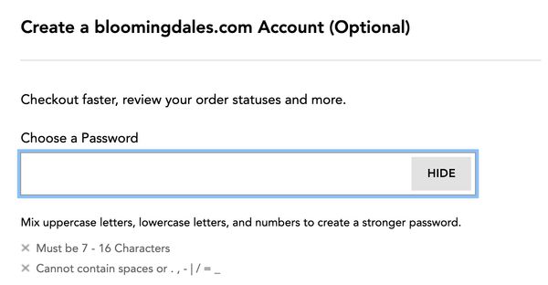 Bloomingdale's bad password rule screenshot