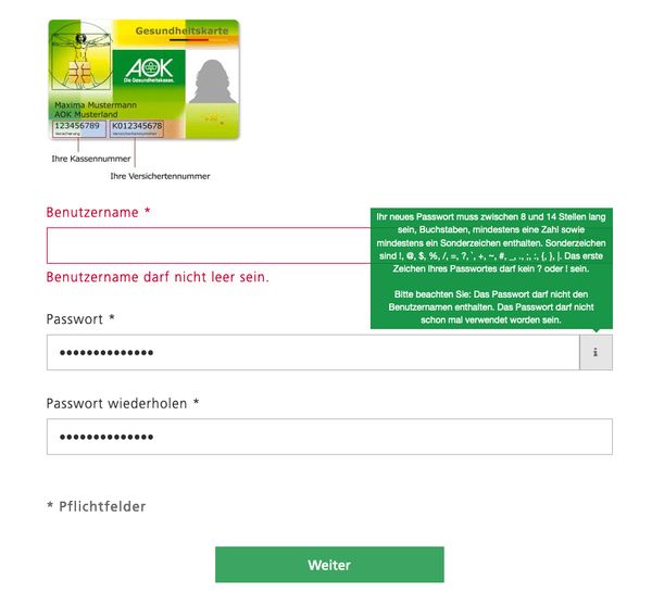 AOK (German Health Insurance) bad password rule screenshot