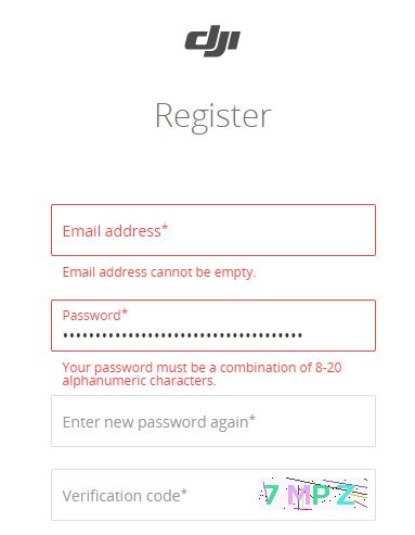 DJI bad password rule screenshot