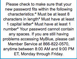 Blue Cross Blue Shield Massachusetts bad password rule screenshot