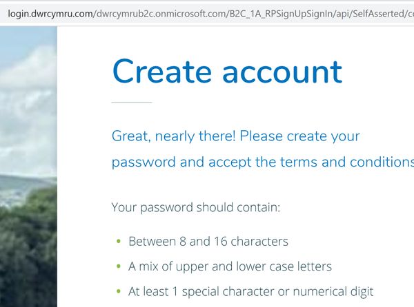 Dwr Cymru (Welsh Water) bad password rule screenshot