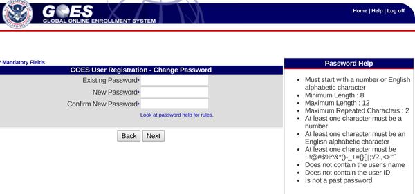 Global Entry bad password rule screenshot