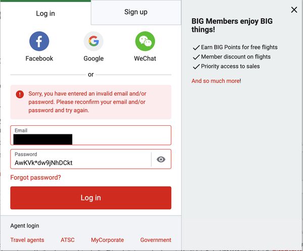 Air Asia bad password rule screenshot