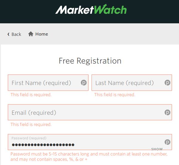 MarketWatch bad password rule screenshot