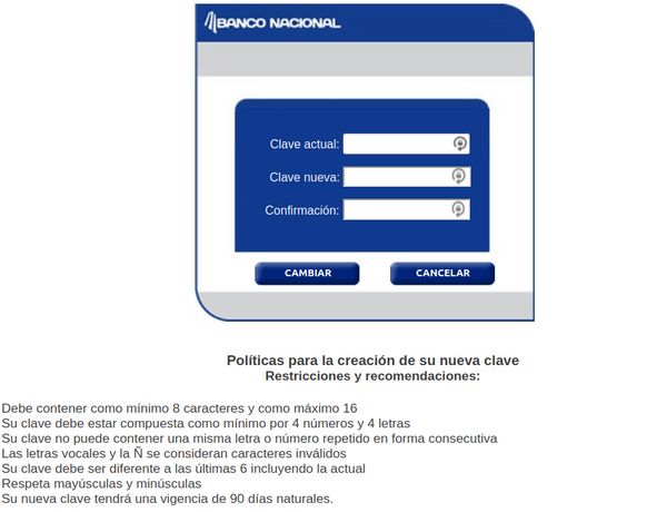 Banco Nacional (Costa Rica National Bank) bad password rule screenshot