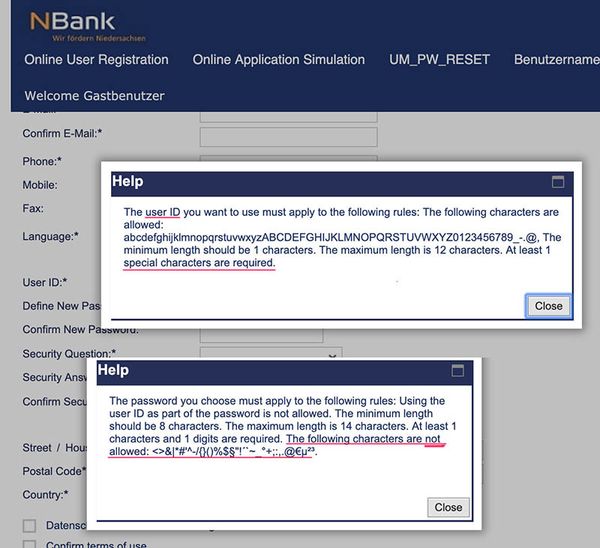 NBank bad password rule screenshot
