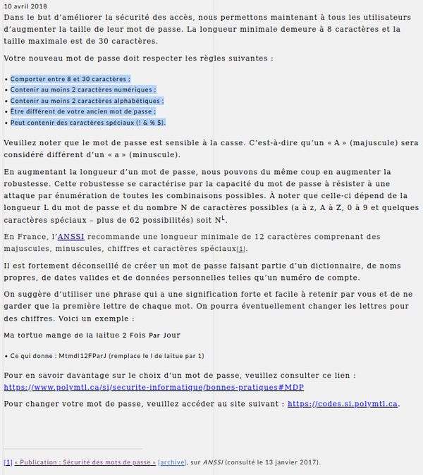 Polytechnique Montreal bad password rule screenshot