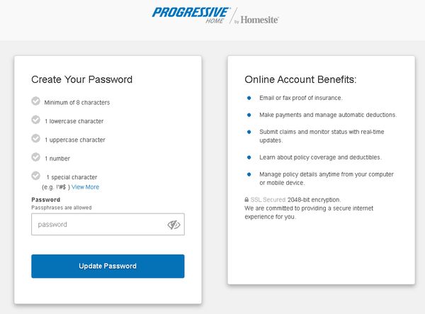 Progressive Home by Homesite bad password rule screenshot