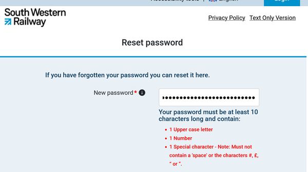 South Western Railway bad password rule screenshot