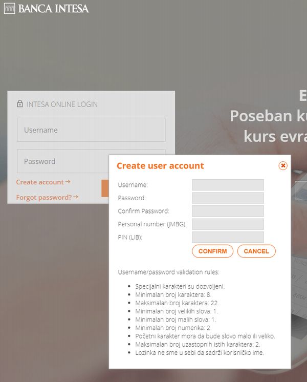 Banca Intesa Serbia bad password rule screenshot