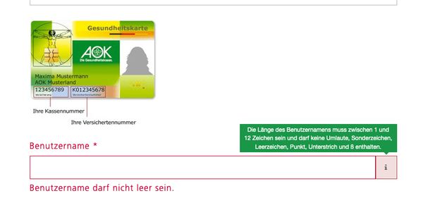 AOK (German Health Insurance) bad password rule screenshot