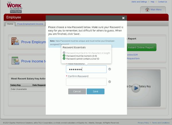 Equifax - The Work Number bad password rule screenshot