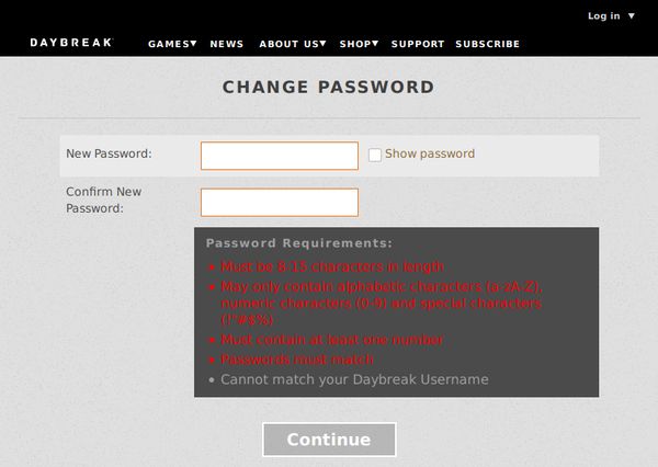 Daybreak Games bad password rule screenshot