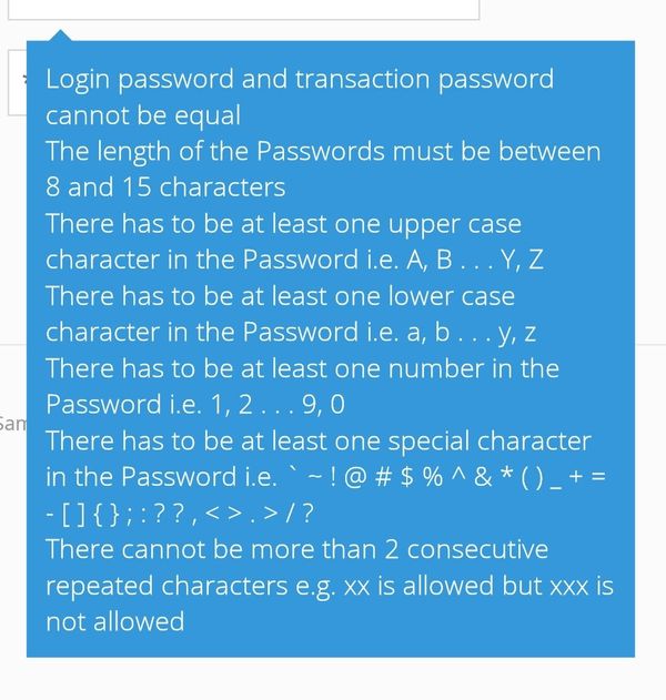 Sampath Bank bad password rule screenshot
