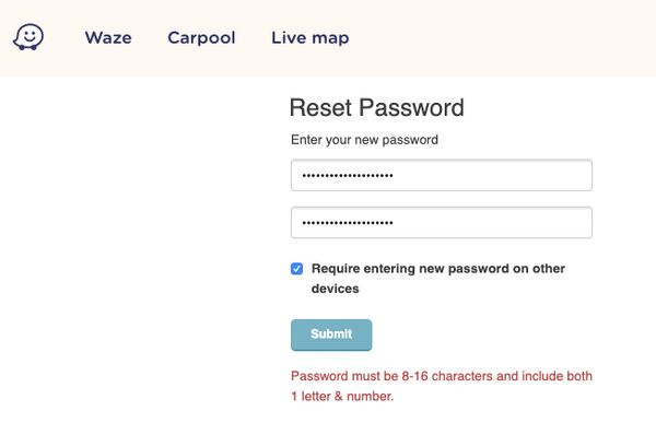 Waze bad password rule screenshot