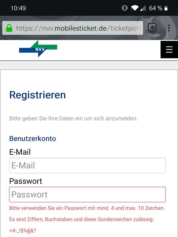 NVV (Nordhessische VerkehrsVerbund) bad password rule screenshot