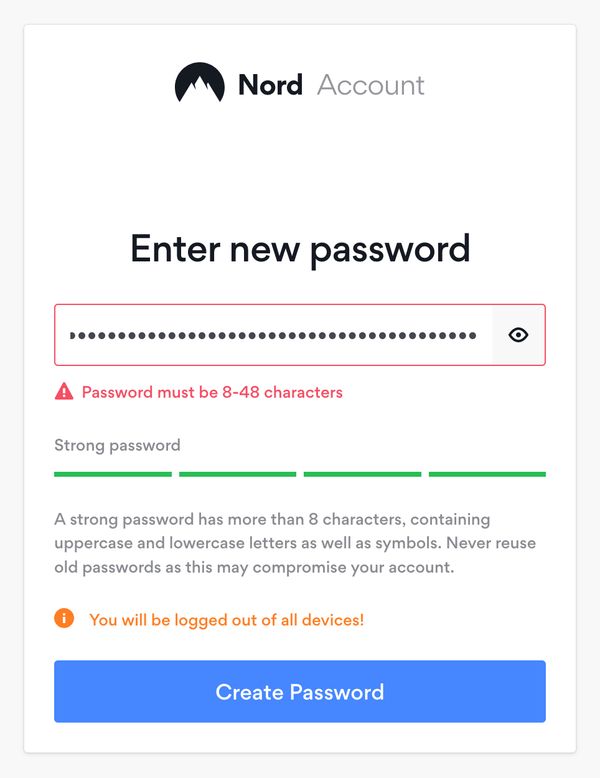 NordVPN bad password rule screenshot