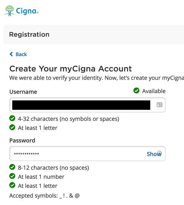 Cigna bad password rule screenshot