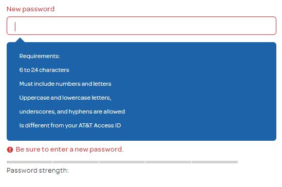 AT&T bad password rule screenshot