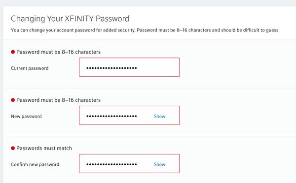 Comcast bad password rule screenshot