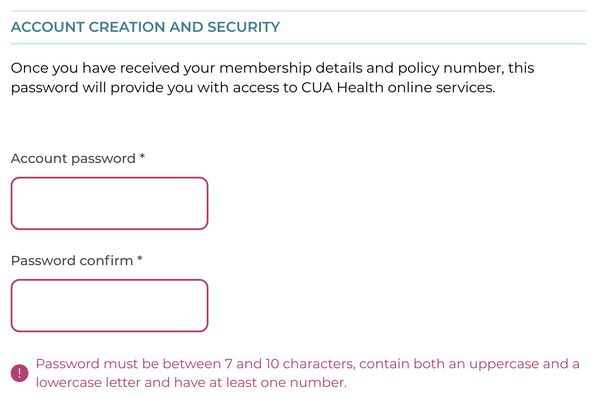 Credit Union Australia (CUA) Health bad password rule screenshot