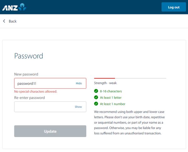ANZ Bank bad password rule screenshot