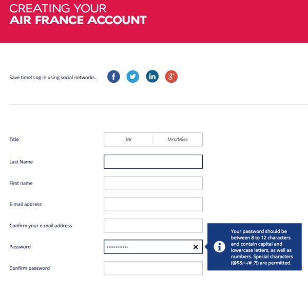 Air France bad password rule screenshot