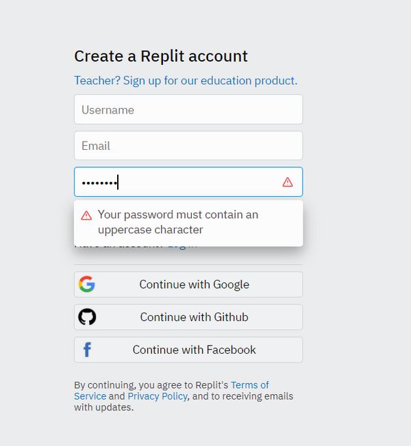 Replit bad password rule screenshot