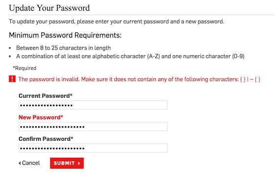 Williams-Sonoma bad password rule screenshot