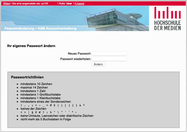 Stuttgart Media University bad password rule screenshot