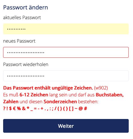 Gebührenfrei MasterCard bad password rule screenshot