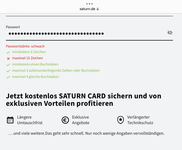 Saturn bad password rule screenshot