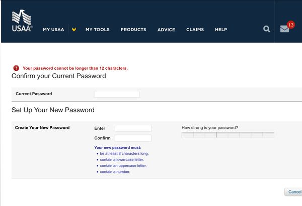 USAA Bank bad password rule screenshot