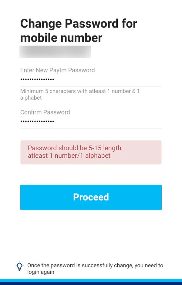 Paytm bad password rule screenshot