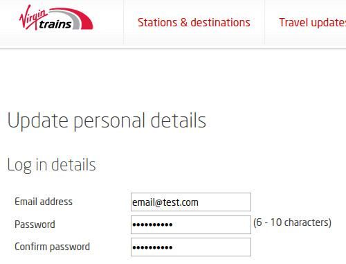 Virgin Trains bad password rule screenshot