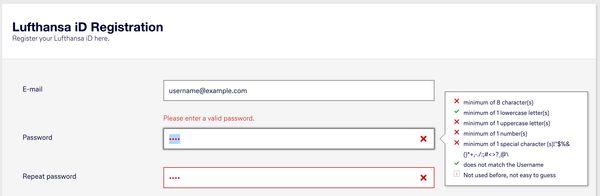 Lufthansa bad password rule screenshot