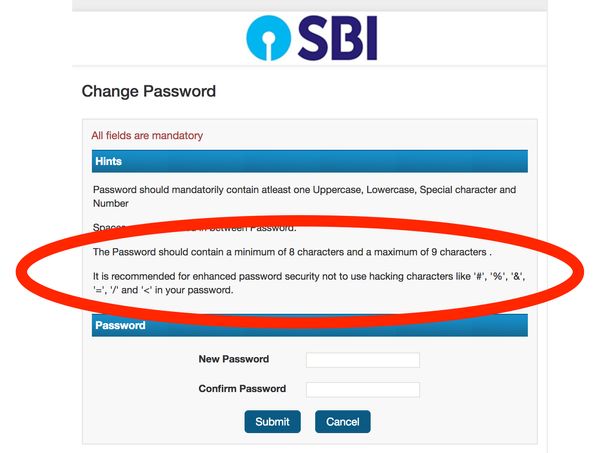 State Bank of India (Foreign Travel Card) bad password rule screenshot