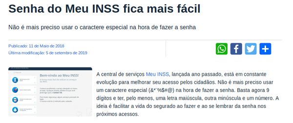 INSS (Instituto Nacional do Seguro Social) bad password rule screenshot