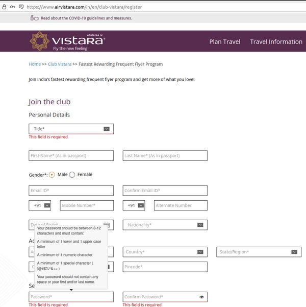 Vistara bad password rule screenshot