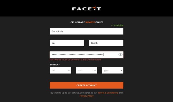 FACE IT Ltd. (Faceit) bad password rule screenshot
