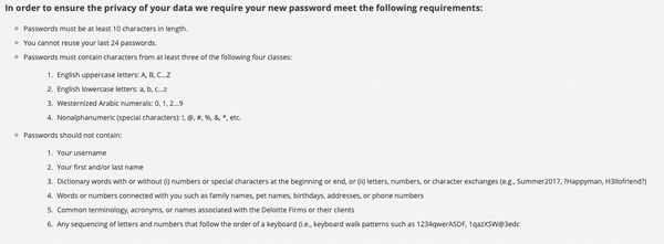 Deloitte GlobalAdvantage bad password rule screenshot