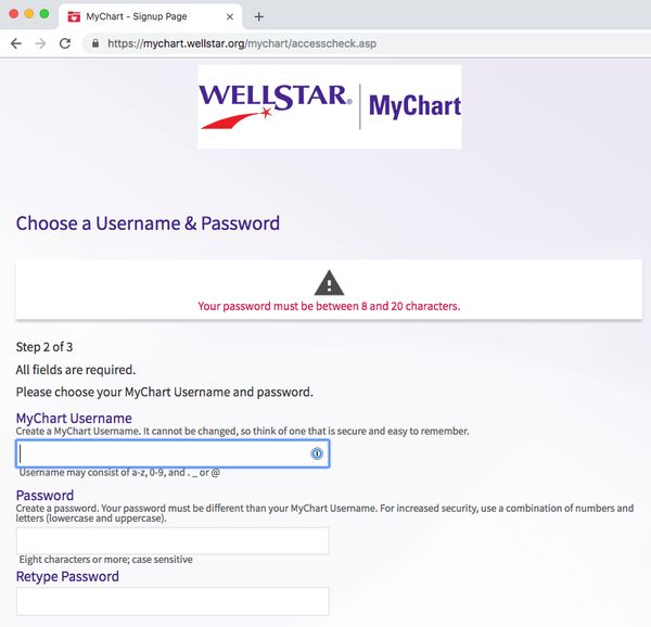 WellStar MyChart bad password rule screenshot